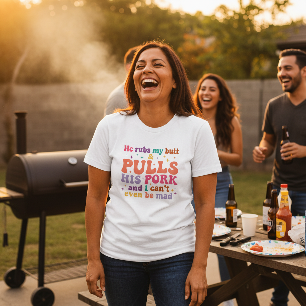 He Rubs My Butt & Pulls His Pork — Women's BBQ Tee